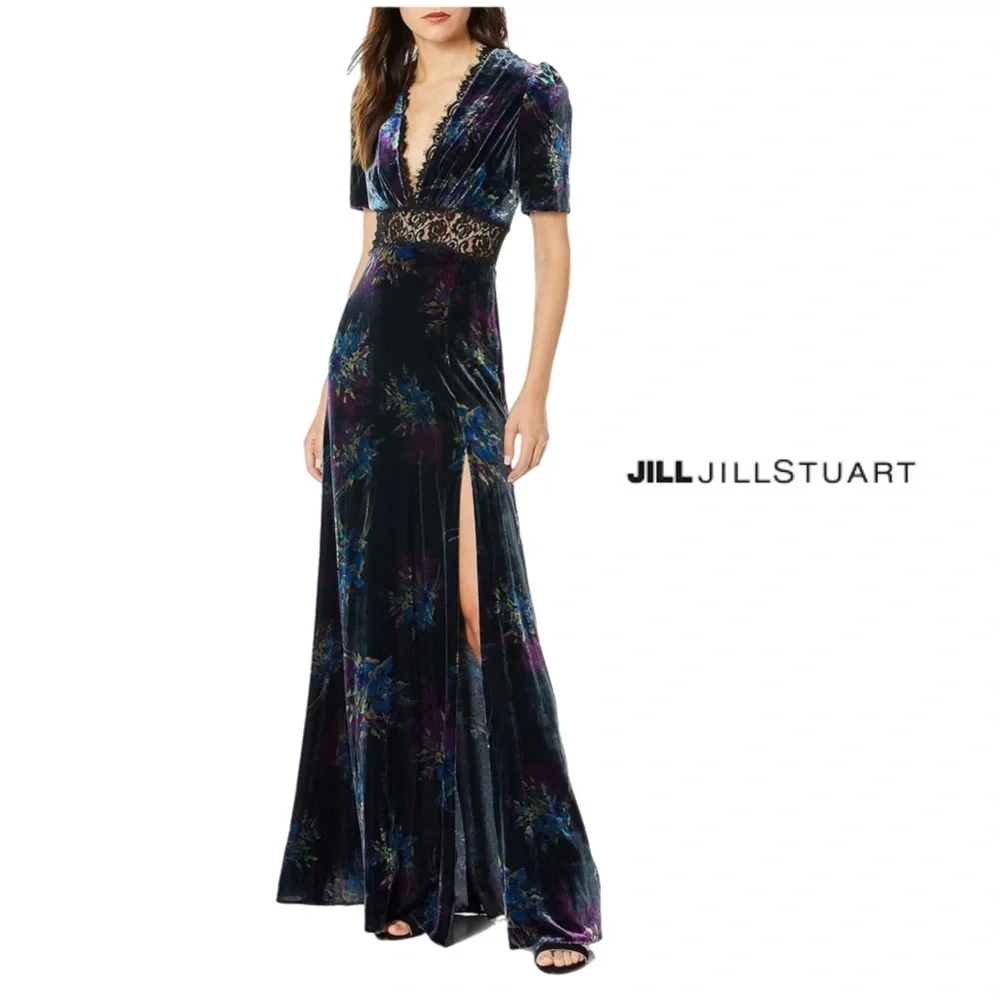 NEW Jill Stuart Women's Lace Inset Velvet Floral Maxi Dress - Picture 1 of 13